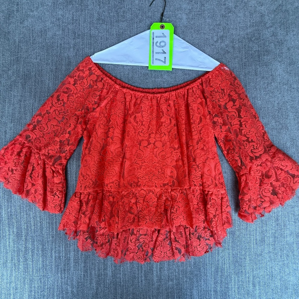 MUSTARD SEED Blouse Top Womens S Red Floral Lace Overlay Bell Sleeve Ruffle Hem